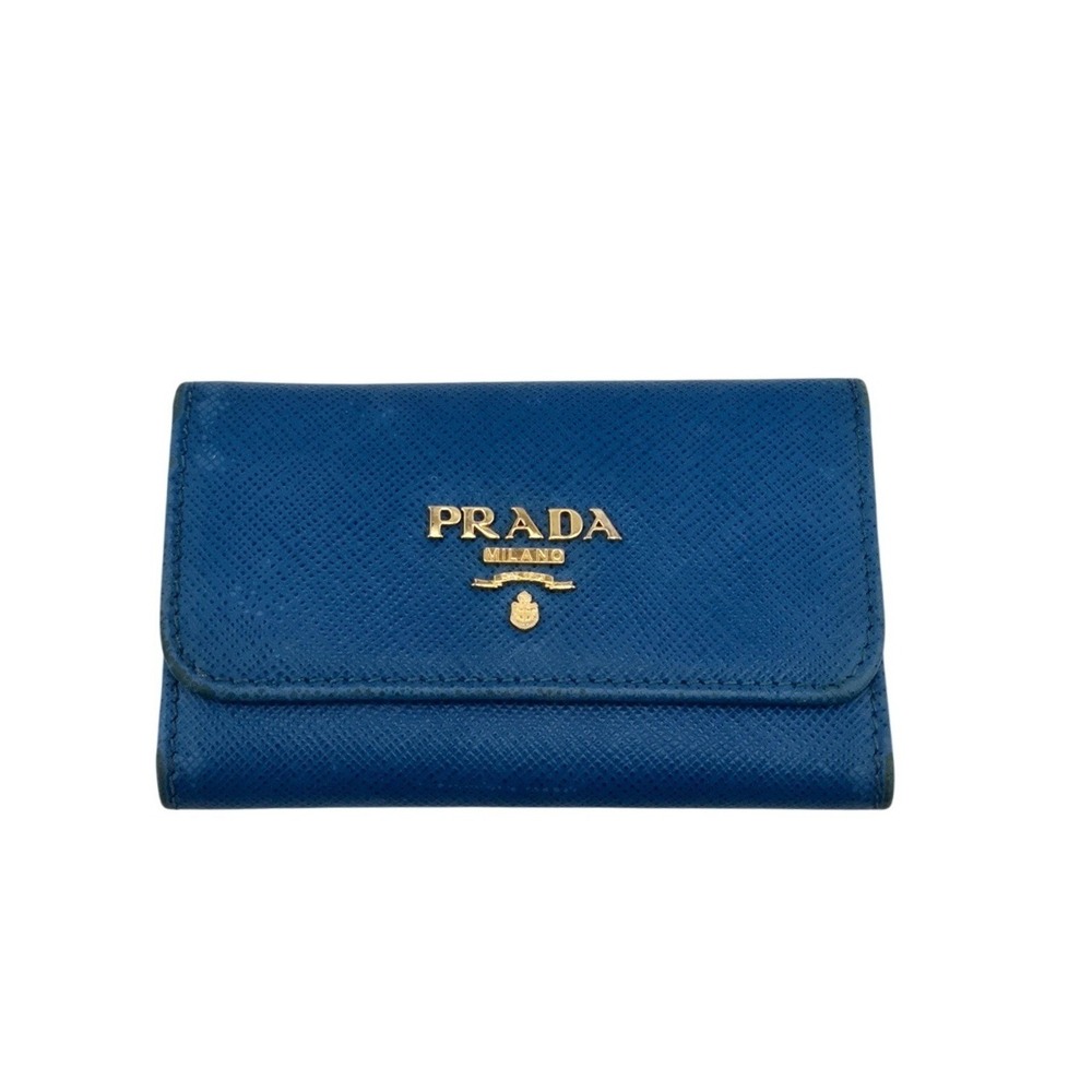 Prada Saffiano Metal 6-Ring Key Case Mare Blue 1PG222 Gold Hardware